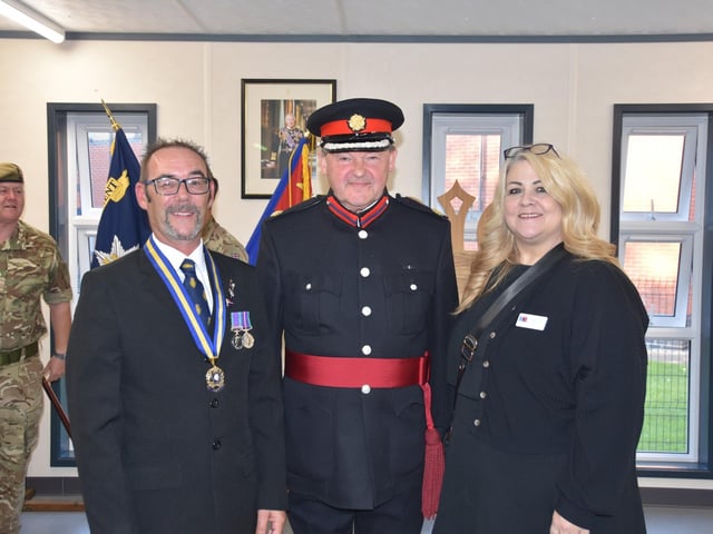 Vice Lord-Lieutenant of Lincolnshire, Andrew Clark (centre) with Skegness RBL's Kevin Woolley and Tracy Turner.