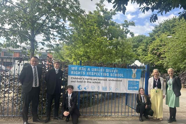 Pictured from left to right – Mr Gissendorf (Principal), Skegness Academy students, Mrs Swan and Mrs Coates-Metheringham