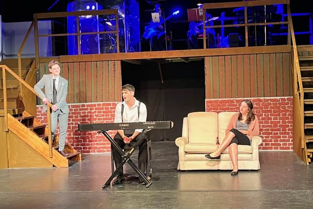 tick..tick..BOOM! cast, from left: Harry Giles, Scott Royle, and Georgia Scott.