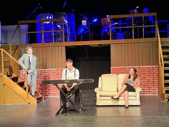 tick..tick..BOOM! cast, from left: Harry Giles, Scott Royle, and Georgia Scott.
