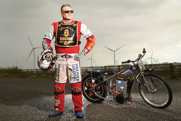 'Blind Bloke' Nigel Limb with his electric Speedway bike at the track in Scunthorpe. Photo: Russel Sach