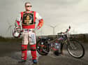 'Blind Bloke' Nigel Limb with his electric Speedway bike at the track in Scunthorpe. Photo: Russel Sach