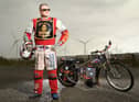 'Blind Bloke' Nigel Limb with his electric Speedway bike at the track in Scunthorpe. Photo: Russel Sach