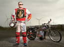 'Blind Bloke' Nigel Limb with his electric Speedway bike at the track in Scunthorpe. Photo: Russel Sach
