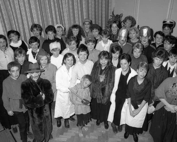 The cast of The Caucasian Chalk Circle - a joint production between Boston Grammar, Boston High and St Thomas Primary schools - in 1987.
