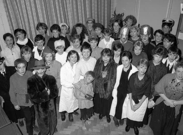 The cast of The Caucasian Chalk Circle - a joint production between Boston Grammar, Boston High and St Thomas Primary schools - in 1987.