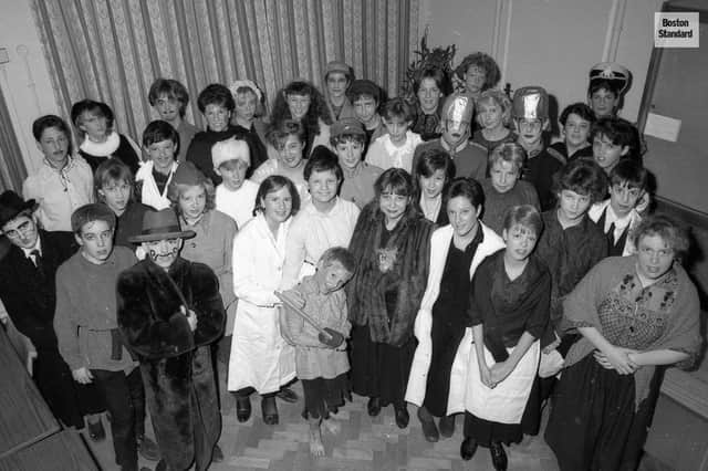 The cast of The Caucasian Chalk Circle - a joint production between Boston Grammar, Boston High and St Thomas Primary schools - in 1987.