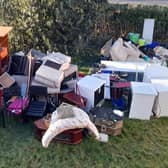 The trashed furniture which was abandoned on Andy and Julie Leighton's garden by contractors. Photo supplied