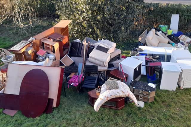 The trashed furniture which was abandoned on Andy and Julie Leighton's garden by contractors. Photo supplied