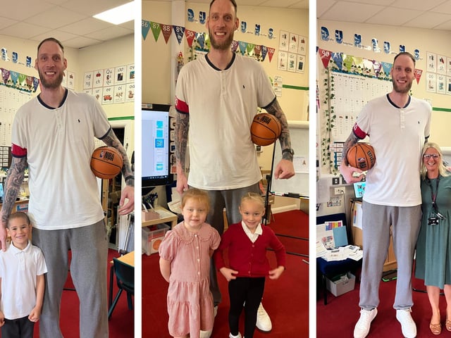 Paul Sturgess with (from left) pupils Aleksandar, six, Mylie, five, and Lexi, five, and staff member Emma Cook.