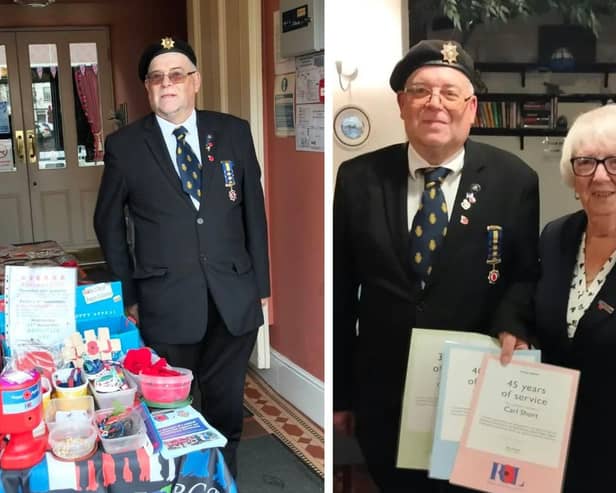 Carol Short has been recognised for his 45 years' service with the Royal British Legion Alford and District Branch. Pictured with branch chairman Ann Lincoln.