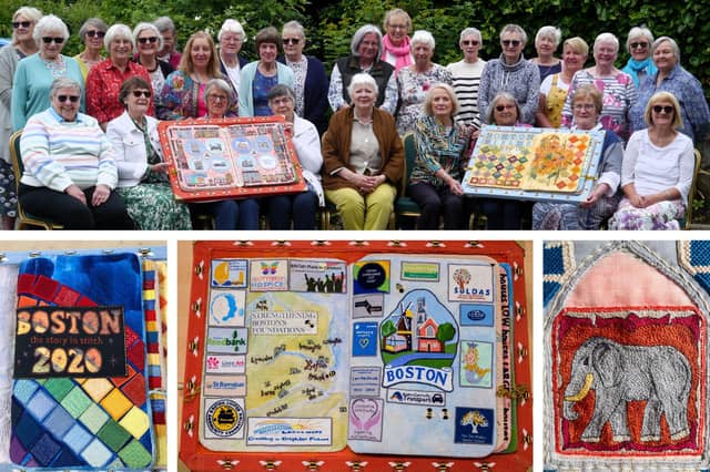 TOP: Members of the Boston Stitchers, with two of the books. BOTTOM: The front of the first book, titled 2020; one of the project's two-page spreads; and a close-up of an elephant in stitch from the section dedicated to the Stump.