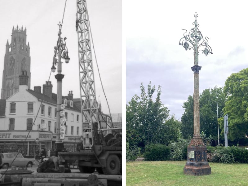 LEFT: The Five Lamps, in the Market Place, in 1968, as work took place to install an 80ft replacement to the 1920s-era lamp standard. RIGHT: How it appeared in its most recent location, between John Adams Way and Liquorpond Street, up until last week.