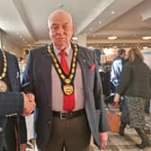 Mayor of Skegness Coun Tony Tye congratulating Bob Walker, chairman of the Skegness area Business Chamber, on the opening of Expo 23.
