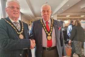 Mayor of Skegness Coun Tony Tye congratulating Bob Walker, chairman of the Skegness area Business Chamber, on the opening of Expo 23.