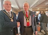 Mayor of Skegness Coun Tony Tye congratulating Bob Walker, chairman of the Skegness area Business Chamber, on the opening of Expo 23.