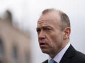 Northern Ireland Secretary Chris Heaton-Harris speaking to the media  at Hillsborough Castle after his meetings with Stormont leaders over Brexit and the Windsor Framework.