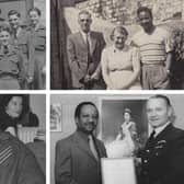 Pictured (clockwise, from top left), Lancelot McFayden at RAF Metheringham; with the Dickinson family; on his retirement, and with Molly.