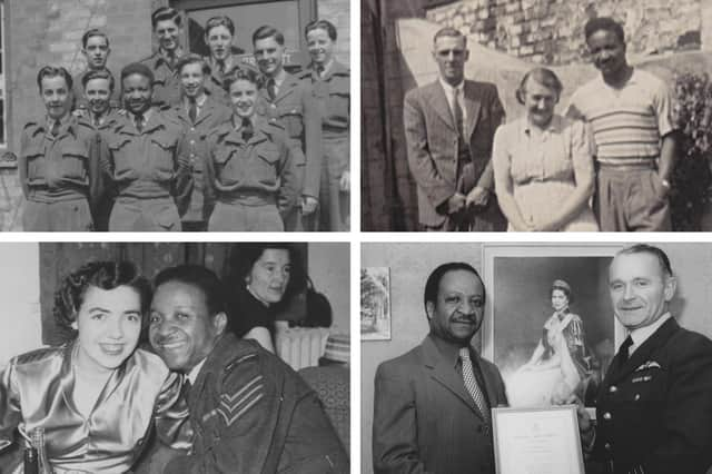 Pictured (clockwise, from top left), Lancelot McFayden at RAF Metheringham; with the Dickinson family; on his retirement, and with Molly.