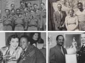 Pictured (clockwise, from top left), Lancelot McFayden at RAF Metheringham; with the Dickinson family; on his retirement, and with Molly.