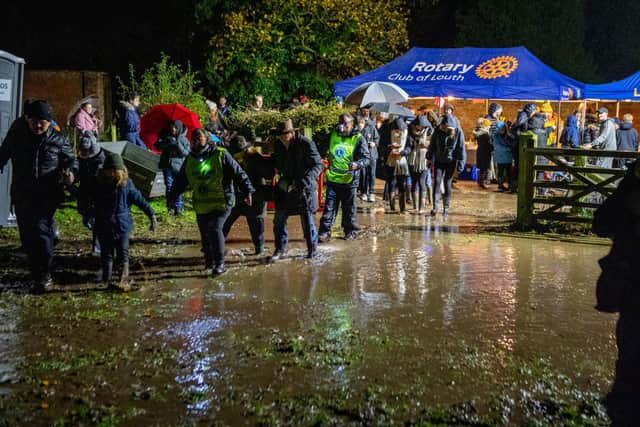 The wet weather conditions at the Louth fireworks.