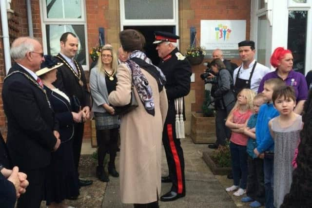 Princess Anne arriving at the Derbyshire Holiday Children's Centre  to celebrate its 125th anniversary in 2016.