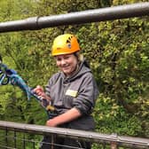 Hayley during her 80ft abseil for the Lincs & Notts Air Ambulance.