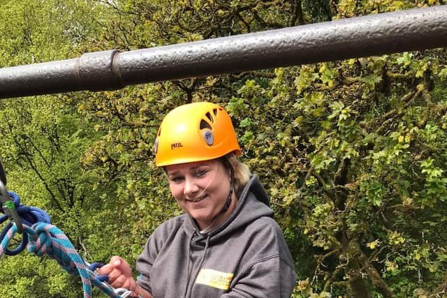 Hayley during her 80ft abseil for the Lincs & Notts Air Ambulance.
