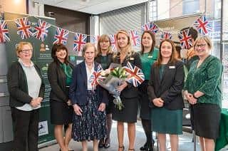 Barbara Brearley, aged 84, from Hagworthingham with Lloyds staff.