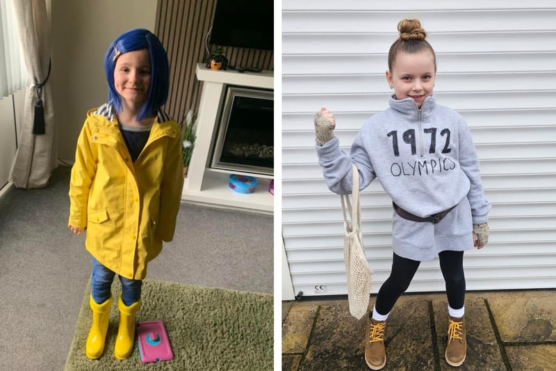 Annie Stewart, seven, as Coraline, and Millie Lowe, eight, as Miss Trunchbull (in her Olympian days).