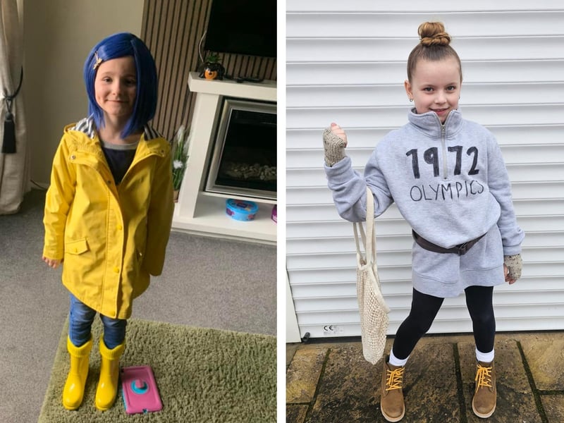 Annie Stewart, seven, as Coraline, and Millie Lowe, eight, as Miss Trunchbull (in her Olympian days).
