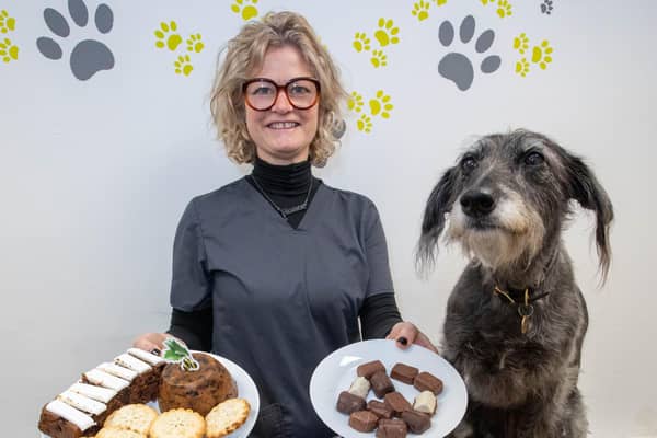 VetPartners vet Honor Etherington with Pixie and treats that are toxic to pets.