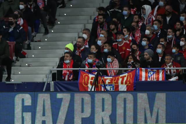 Advertisement of the Russian state-owned gas company Gazprom displayed on an advertising during the UEFA Champions League round of sixteen first leg match at Wanda Metropolitano, Madrid. Picture date: Wednesday February 23, 2022. See PA story SOCCER Man Utd. Photo credit should read: Isabel Infantes/PA Wire. RESTRICTIONS: Use subject to restrictions. Editorial use only, no commercial use without prior consent from rights holder.