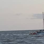 Helmet camera photo from crew member onboard all-weather lifeboat