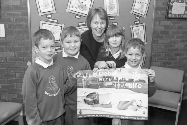 Kirton Primary School lending its support to Blue Peter's Bring and Buy For New Life campaign. The school raised £237 for the appeal, which aimed to supply urgently needed equipment to special care baby units all over the UK. Pictured (from left) are Ashley Lennon, William Green, Laura Brown and Adam Kelk, with school secretary Carolyn Green.