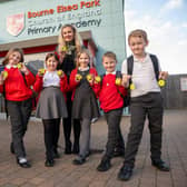 Pupils at Bourne Elsea Park C of E Primary Academy with Louise at Barratt Homes