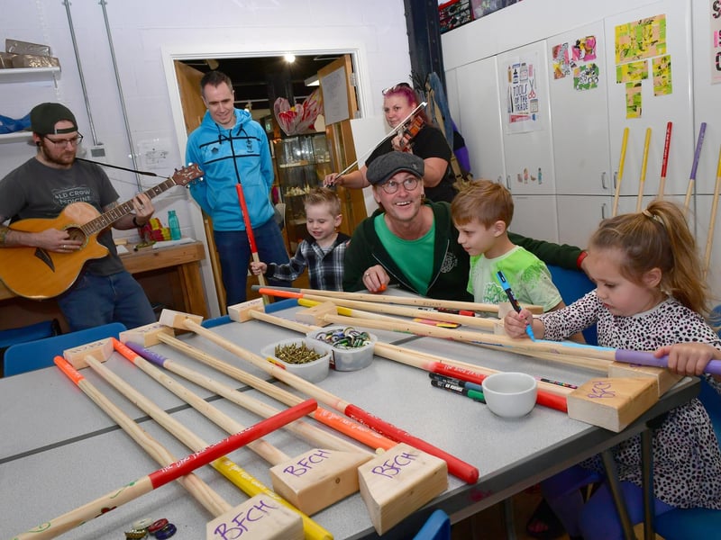 Bootstick making workshop with Band From County Hell. L-R Chris Bradshaw, Sam Yates, Edward Yates 4, Lucy Creasey, Steve McLelland, Theo Arumugam 7, Bella Arumugam 4