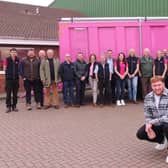 ​Rugby star Ollie Chessum, Bailey Trailers staff, dealers, suppliers and invited guests with the pink trailer that was raffled off.