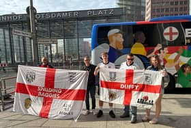 From Lincolnshire to Berlin ... Pictured in Berlin (from left) Kurt Sands, from Spalding, Chris Grogan, from Boston, Finn Rodgers, from Boston, Keith Duff, from Spalding, and Freya Rodgers, from Boston.