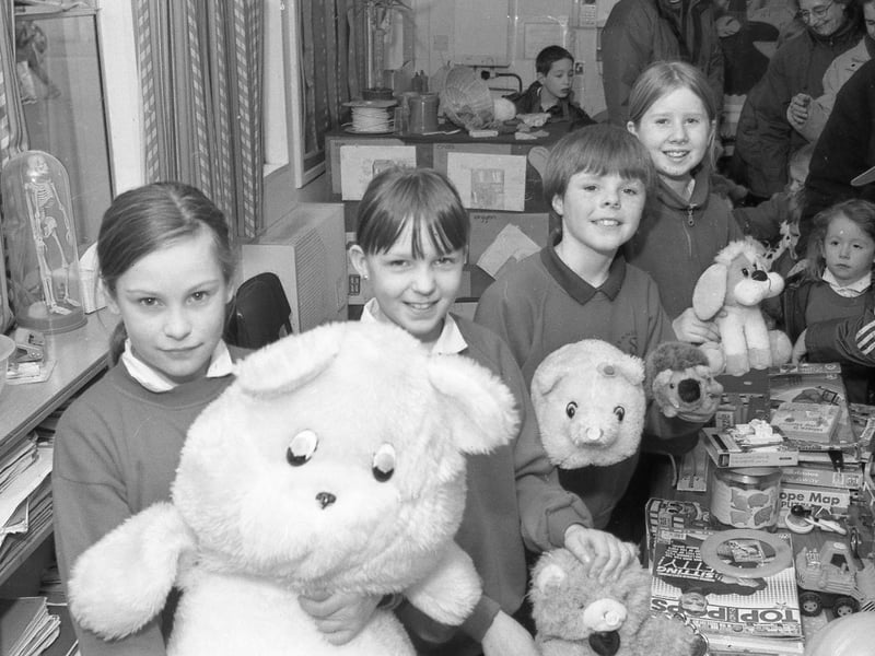 Pupils at Staniland Primary School giving their support to Blue Peter's Bring and Buy New Life campaign. Pictured is the cake and furry toys stall.