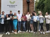 King Edward V1 Academy students in Spilsby celebrating their A-Level results. Pictured are (from left) Deale Fisher, Ella Hopkins, Thomas Corns, Megan Blanchard, Logan Redford, Bethan Simpson, Reece Parry, Abbie Holloway, Mason Barnes,  Jessica Holloway, Jude Bache , Anya Dennis and Jaime-Lee Ashburn