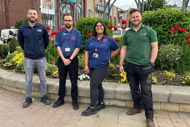 Ventsi Petrov from JYSK, Liam Staton and Zoe Moss from The Range and Daniel McDonald, landscape gardener for Marshall's Yard.