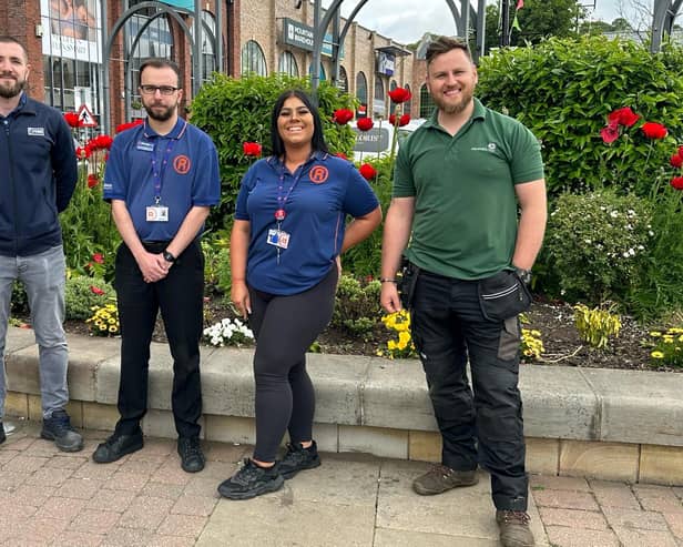 Ventsi Petrov from JYSK, Liam Staton and Zoe Moss from The Range and Daniel McDonald, landscape gardener for Marshall's Yard.