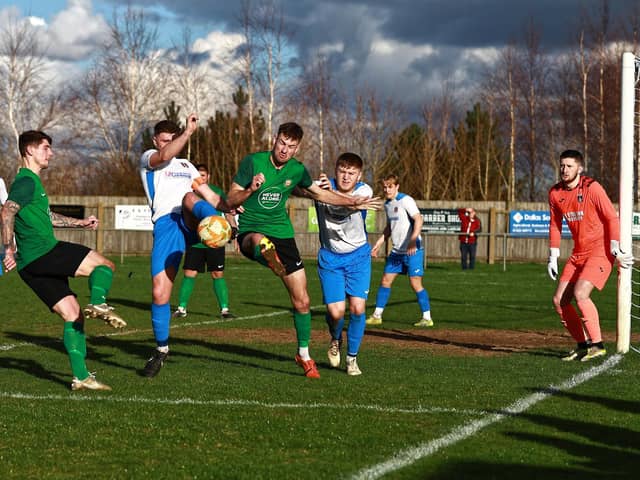 Goalmouth action from Sleaford's game with Kimberley on Saturday. Photo: Steve W Davies Photography.