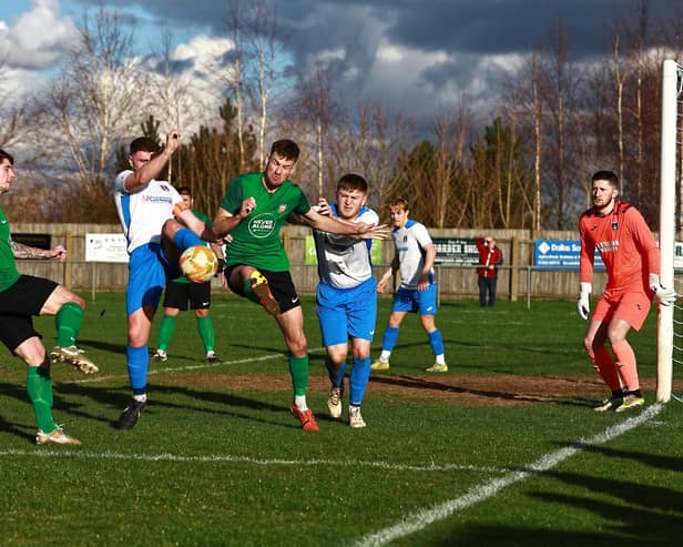 Goalmouth action from Sleaford's game with Kimberley on Saturday. Photo: Steve W Davies Photography.