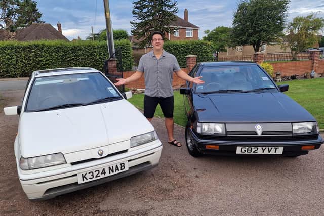 Jon Coupland pictured with tow of his six Proton cars.