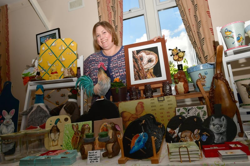 Donna Watts of Tattershall with her hand painted crafts at the South Kyme Spring Fayre.