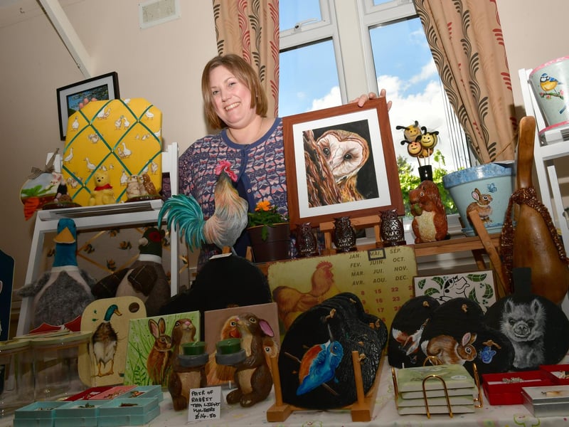 Donna Watts of Tattershall with her hand painted crafts at the South Kyme Spring Fayre.