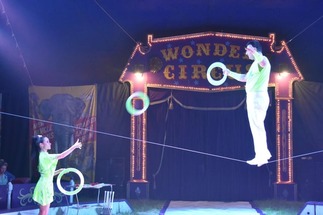 A wire walker at the Wonder Circus.