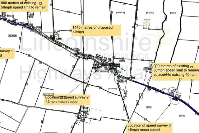 A map showing the results of speed surveys and proposals for a reduced speed limit on the A17 at East Heckington.